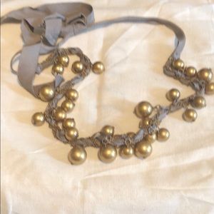 J Crew Gold Ball/Taupe Grosgrain Ribbon Necklace